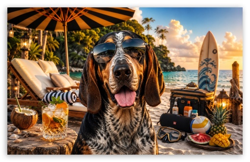 American English Coonhound Dog on the Beach UltraHD Wallpaper for Widescreen 16:10 ;