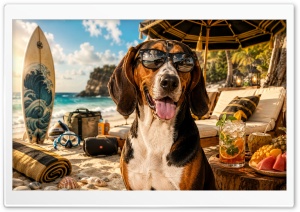American Foxhound Dog on the Beach 4K UHD Wallpaper for Widescreen and UltraWide Desktop, UltraHD TV, Smartphone, Tablet