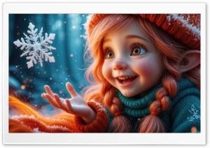 An Elven Child Captivated by a Snowflake 4K UHD Wallpaper for Widescreen and UltraWide Desktop, UltraHD TV, Smartphone, Tablet