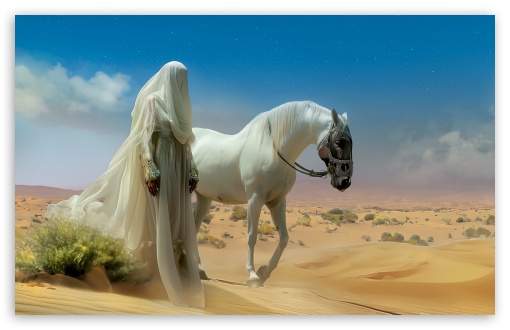 An Oriental Woman in White, with a Veil Covering her Face, is Walking with Her Horse in the Desert UltraHD Wallpaper for UHD 16:9 ; HD 16:9 ; UltraWide 21:9 24:10 32:9 32:10 ; Widescreen 16:10 5:3 ; Fullscreen 4:3 5:4 3:2 ; Tablet 1:1 ; Mobile 9:16 9:19.5 9:20 10:16 2:3 3:5 3:4 ; Dual 16:10 5:3 16:9 4:3 5:4 3:2 ;