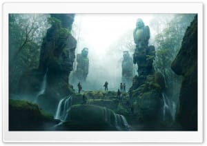 Ancient Monument Statues in Misty Jungle 4K UHD Wallpaper for Widescreen and UltraWide Desktop, UltraHD TV, Smartphone, Tablet