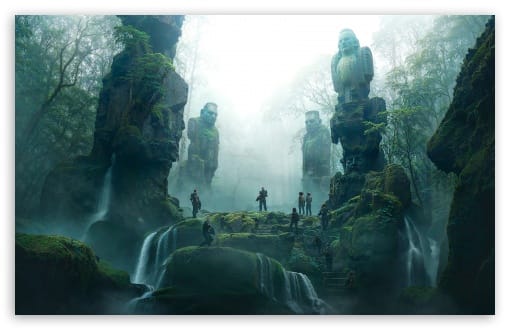 Ancient Monument Statues in Misty Jungle UltraHD Wallpaper for UHD 16:9 ; HD 16:9 ; UltraWide 21:9 24:10 32:9 32:10 ; Widescreen 16:10 ; Tablet 1:1 ; Dual 16:10 16:9 ;