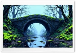 Ancient Stone Arch Bridge Reflected in River, Misty Forest 4K UHD Wallpaper for Widescreen and UltraWide Desktop, UltraHD TV, Smartphone, Tablet