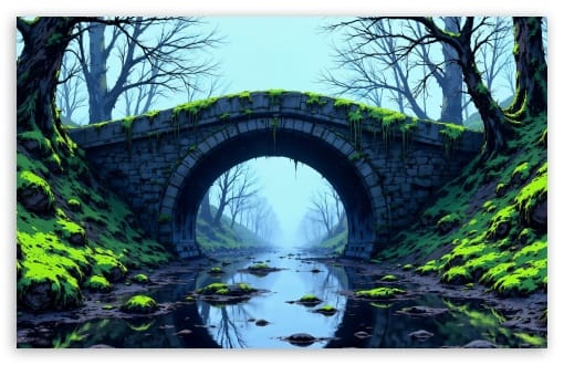 Ancient Stone Arch Bridge Reflected in River, Misty Forest UltraHD Wallpaper for UHD 16:9 ; HD 16:9 ; UltraWide 21:9 24:10 32:9 32:10 ; Widescreen 16:10 ; Tablet 1:1 ; Mobile 9:16 ; Dual 16:10 16:9 ;