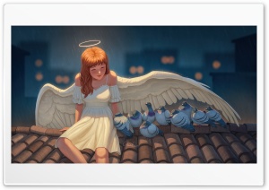 Angel Girl On Rooftop Savings Birds From Rain 4K UHD Wallpaper for Widescreen and UltraWide Desktop, UltraHD TV, Smartphone, Tablet