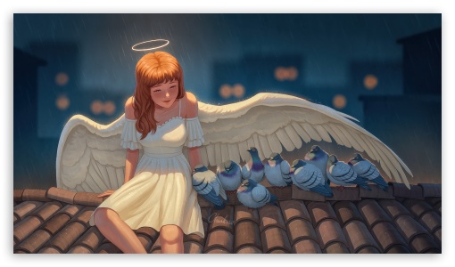 Angel Girl On Rooftop Savings Birds From Rain UltraHD Wallpaper for UHD 16:9 ; HD 16:9 ;