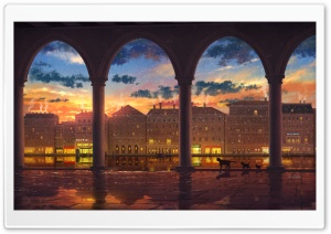 Anime City Sunset with Cat 4K UHD Wallpaper for Widescreen and UltraWide Desktop, UltraHD TV, Smartphone, Tablet