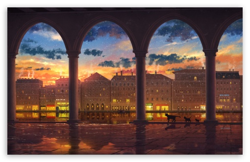 Anime City Sunset with Cat UltraHD Wallpaper for HD 16:9 ; Widescreen 16:10 5:3 ; Fullscreen 4:3 5:4 3:2 ; Tablet 1:1 ; Mobile 9:16 2:3 3:5 3:4 ;