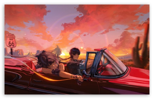 Anime, Convertible Car, Boy and Girl, Adventure UltraHD Wallpaper for UHD 16:9 ; HD 16:9 ; UltraWide 21:9 24:10 32:9 32:10 ; Widescreen 16:10 5:3 ; Fullscreen 4:3 5:4 3:2 ; Tablet 1:1 ; Dual 16:10 5:3 16:9 4:3 5:4 3:2 ;