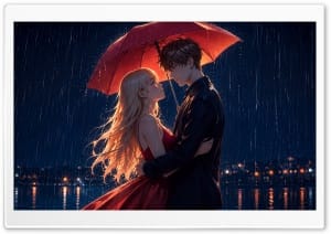 Anime Couple under Umbrella in the Rain 4K UHD Wallpaper for Widescreen and UltraWide Desktop, UltraHD TV, Smartphone, Tablet