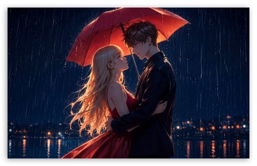 Anime Couple under Umbrella in the Rain UltraHD Wallpaper for UHD 16:9 ; HD 16:9 ; UltraWide 21:9 24:10 32:9 32:10 ; Widescreen 16:10 ; Tablet 1:1 ; Mobile 9:16 9:19.5 9:20 9:21 9:22 ; Dual 16:10 16:9 ;