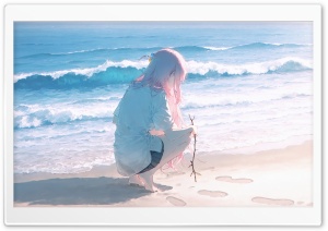 Anime Girl, Beach Waves, Footsteps 4K UHD Wallpaper for Widescreen and UltraWide Desktop, UltraHD TV, Smartphone, Tablet