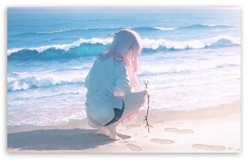 Anime Girl, Beach Waves, Footsteps UltraHD Wallpaper for UHD 16:9 ; HD 16:9 ; UltraWide 21:9 24:10 ; Widescreen 16:10 5:3 ; Fullscreen 4:3 5:4 3:2 ; Tablet 1:1 ; Mobile 9:16 9:19.5 9:20 10:16 2:3 3:5 3:4 ;
