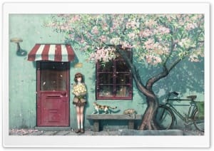 Anime Girl, Cats, Relaxing Spring Scene 4K UHD Wallpaper for Widescreen and UltraWide Desktop, UltraHD TV, Smartphone, Tablet
