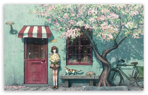 Anime Girl, Cats, Relaxing Spring Scene UltraHD Wallpaper for UHD 16:9 ; HD 16:9 ; UltraWide 21:9 24:10 ; Widescreen 16:10 ;