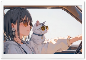 Anime Girl Driving with Her Cat by Her Side 4K UHD Wallpaper for Widescreen and UltraWide Desktop, UltraHD TV, Smartphone, Tablet