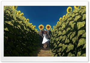 Anime Girl in Sunflower Field Artwork 4K UHD Wallpaper for Widescreen and UltraWide Desktop, UltraHD TV, Smartphone, Tablet