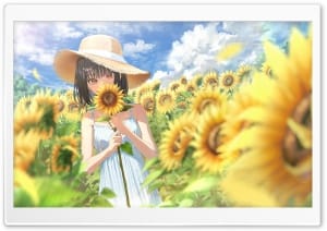 Anime Girl in Sunflower Field Summer 4K UHD Wallpaper for Widescreen and UltraWide Desktop, UltraHD TV, Smartphone, Tablet