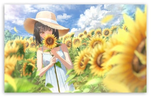 Anime Girl in Sunflower Field Summer UltraHD Wallpaper for UHD 16:9 ; HD 16:9 ; UltraWide 21:9 24:10 32:9 32:10 ; Widescreen 16:10 ; Tablet 1:1 ; Mobile 9:16 9:19.5 9:20 ; Dual 16:10 16:9 ;