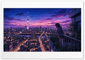 Anime Girl Looking At Violet Hour Tokyo 4K UHD Wallpaper for Widescreen and UltraWide Desktop, UltraHD TV, Smartphone, Tablet