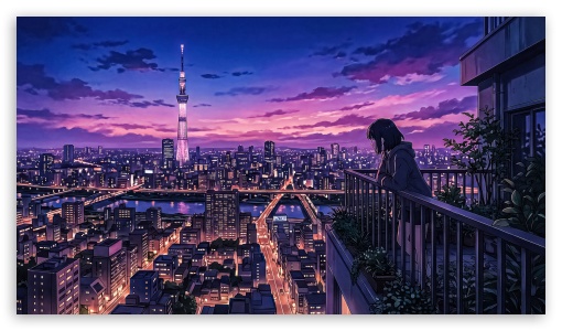 Anime Girl Looking At Violet Hour Tokyo UltraHD Wallpaper for UHD 16:9 ; HD 16:9 ;