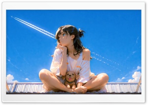 Anime Girl, Puppy, Blue Sky 4K UHD Wallpaper for Widescreen and UltraWide Desktop, UltraHD TV, Smartphone, Tablet