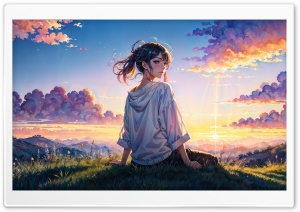 Anime Girl, Watching, Sunrise, Outdoors, Gentle Wind 4K UHD Wallpaper for Widescreen and UltraWide Desktop, UltraHD TV, Smartphone, Tablet