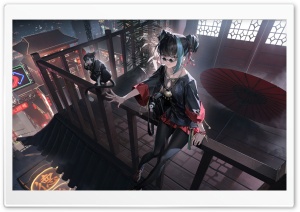 Anime Girl with Her Cat on a Moonlit Rooftop Balcony 4K UHD Wallpaper for Widescreen and UltraWide Desktop, UltraHD TV, Smartphone, Tablet