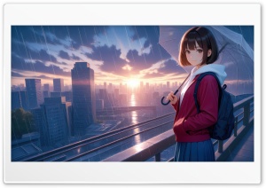 Anime Girl With Umbrella Over City 4K UHD Wallpaper for Widescreen and UltraWide Desktop, UltraHD TV, Smartphone, Tablet