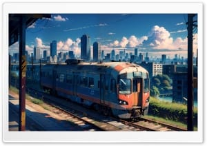 Anime Style City Train at Platform 4K UHD Wallpaper for Widescreen and UltraWide Desktop, UltraHD TV, Smartphone, Tablet