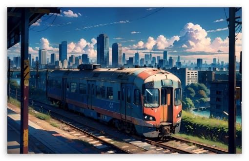 Anime Style City Train at Platform UltraHD Wallpaper for UHD 16:9 ; HD 16:9 ; UltraWide 21:9 24:10 32:9 32:10 ; Widescreen 16:10 ; Tablet 1:1 ; Mobile 9:16 ; Dual 16:10 16:9 ;