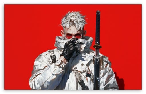 Anime style Cyberpunk Samurai UltraHD Wallpaper for UHD 16:9 ; HD 16:9 ; UltraWide 21:9 24:10 ; Widescreen 16:10 ; Tablet 1:1 ; Mobile 9:16 9:19.5 9:20 9:21 9:22 ;