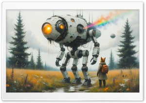 Anthropomorphic Fox Meets a Robot 4K UHD Wallpaper for Widescreen and UltraWide Desktop, UltraHD TV, Smartphone, Tablet