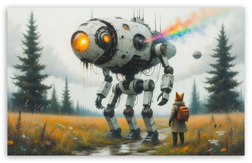Anthropomorphic Fox Meets a Robot UltraHD Wallpaper for UHD 16:9 ; HD 16:9 ; UltraWide 21:9 24:10 ; Widescreen 16:10 5:3 ; Fullscreen 4:3 5:4 3:2 ; Tablet 1:1 ;