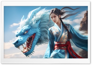 Asian Blue Dragon Girl Digital Art Ultra HD Wallpaper for 4K UHD Widescreen desktop, tablet & smartphone