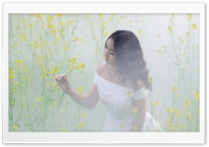 Asian Female in White Dress, Flowers, Mist Ultra HD Wallpaper for 4K UHD Widescreen desktop, tablet & smartphone