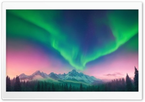 Aurora Above Woodland And Mountains Landscape Ultra HD Wallpaper for 4K UHD Widescreen desktop, tablet & smartphone