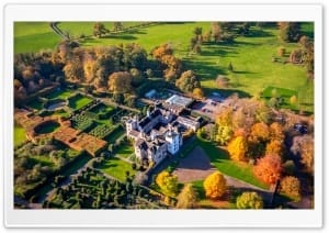 Autumn Aerial View of Levens Hall Castle, Cumbria 4K UHD Wallpaper for Widescreen and UltraWide Desktop, UltraHD TV, Smartphone, Tablet