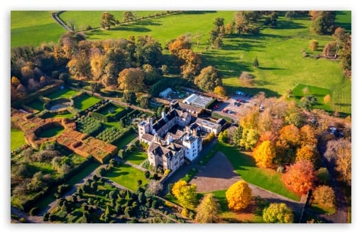 Autumn Aerial View of Levens Hall Castle, Cumbria UltraHD Wallpaper for UHD 16:9 ; HD 16:9 ; UltraWide 21:9 24:10 ; Widescreen 16:10 ; Tablet 1:1 ;
