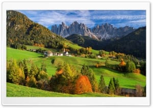Autumn in Val di Funes, Dolomites 4K UHD Wallpaper for Widescreen and UltraWide Desktop, UltraHD TV, Smartphone, Tablet