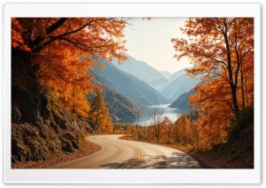 Autumn, Orange Trees, Mountain Road, River 4K UHD Wallpaper for Widescreen and UltraWide Desktop, UltraHD TV, Smartphone, Tablet