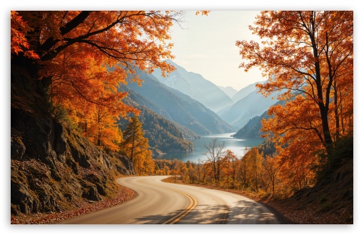 Autumn, Orange Trees, Mountain Road, River UltraHD Wallpaper for UHD 16:9 ; HD 16:9 ; UltraWide 21:9 24:10 32:9 32:10 ; Widescreen 16:10 5:3 ; Fullscreen 4:3 5:4 3:2 ; Tablet 1:1 ; Mobile 9:16 10:16 ; Dual 16:10 5:3 16:9 4:3 5:4 3:2 ;