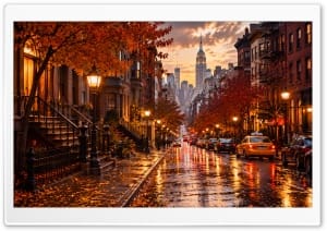 Autumn Rain on Brownstone Street 4K UHD Wallpaper for Widescreen and UltraWide Desktop, UltraHD TV, Smartphone, Tablet