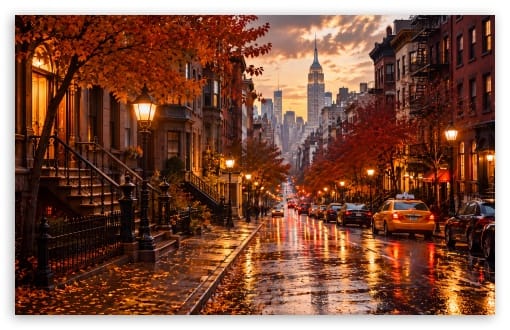 Autumn Rain on Brownstone Street UltraHD Wallpaper for UHD 16:9 ; HD 16:9 ; UltraWide 21:9 24:10 ; Widescreen 16:10 ;