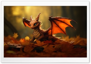 Baby Dragon, Autumn Leaves Ultra HD Wallpaper for 4K UHD Widescreen Desktop, Lockscreen, Screensaver, TV, Tablet, Smartphone