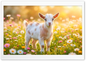 Baby Goat in a Spring Flower Meadow 4K UHD Wallpaper for Widescreen and UltraWide Desktop, UltraHD TV, Smartphone, Tablet