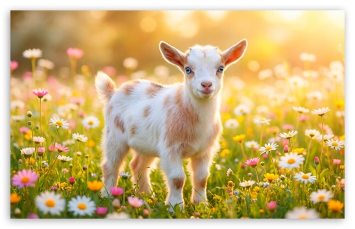Baby Goat in a Spring Flower Meadow UltraHD Wallpaper for UHD 16:9 ; HD 16:9 ; UltraWide 21:9 24:10 ; Widescreen 16:10 ; Tablet 1:1 ;