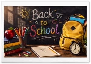 Back to School Classroom with Backpack and School Supplies 4K UHD Wallpaper for Widescreen and UltraWide Desktop, UltraHD TV, Smartphone, Tablet