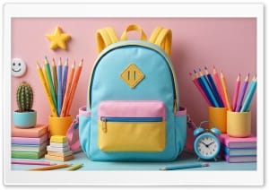 Back to school Colorful Backpack 4K UHD Wallpaper for Widescreen and UltraWide Desktop, UltraHD TV, Smartphone, Tablet
