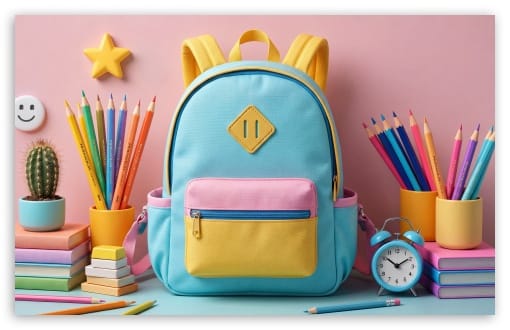 Back to school Colorful Backpack UltraHD Wallpaper for UHD 16:9 ; HD 16:9 ; UltraWide 21:9 24:10 ; Widescreen 16:10 ; Tablet 1:1 ;